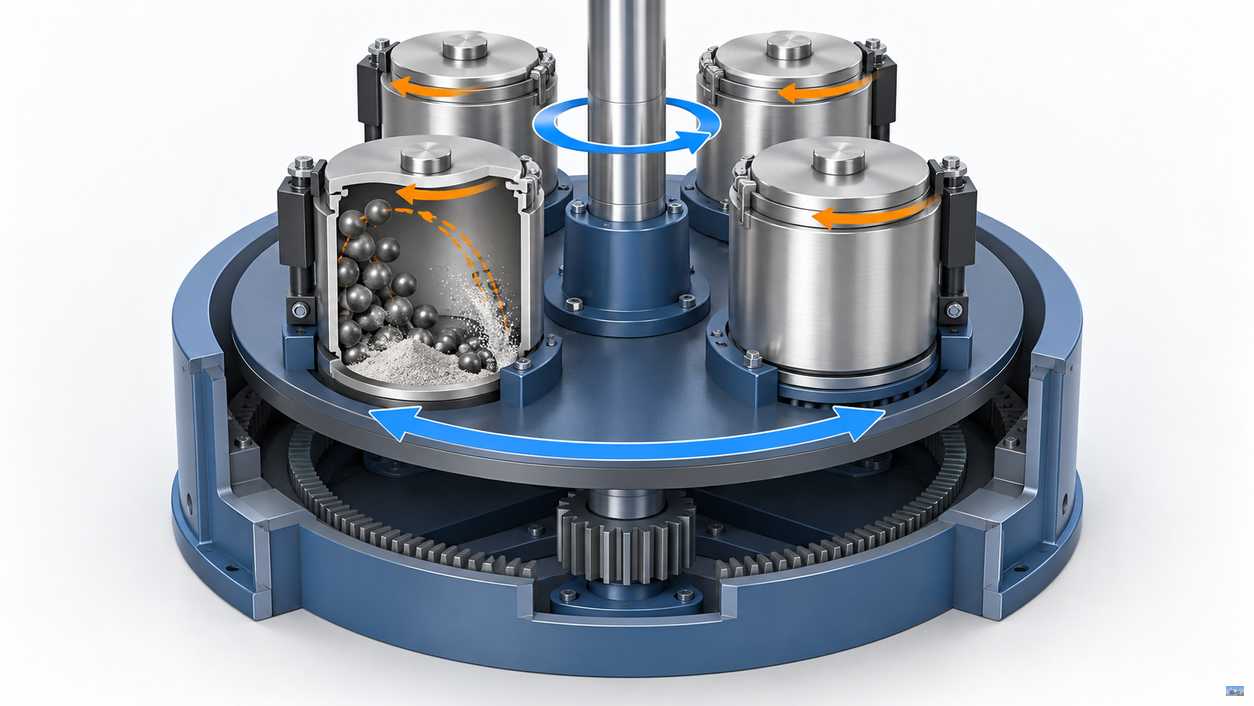 Vertical planetary ball mill working principle showing carrier and jar rotation