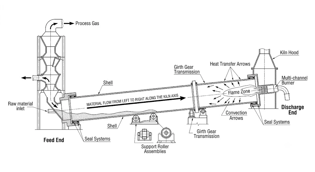 Direct fired rotary kiln showing burner flame gas flow and material movement